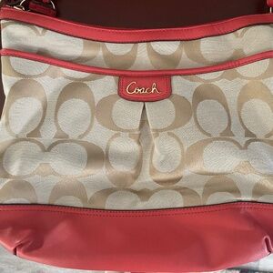 Coach F19727 Park Khaki Signature Jacquard/coral Leather Trim Shoulder Bag w/COA